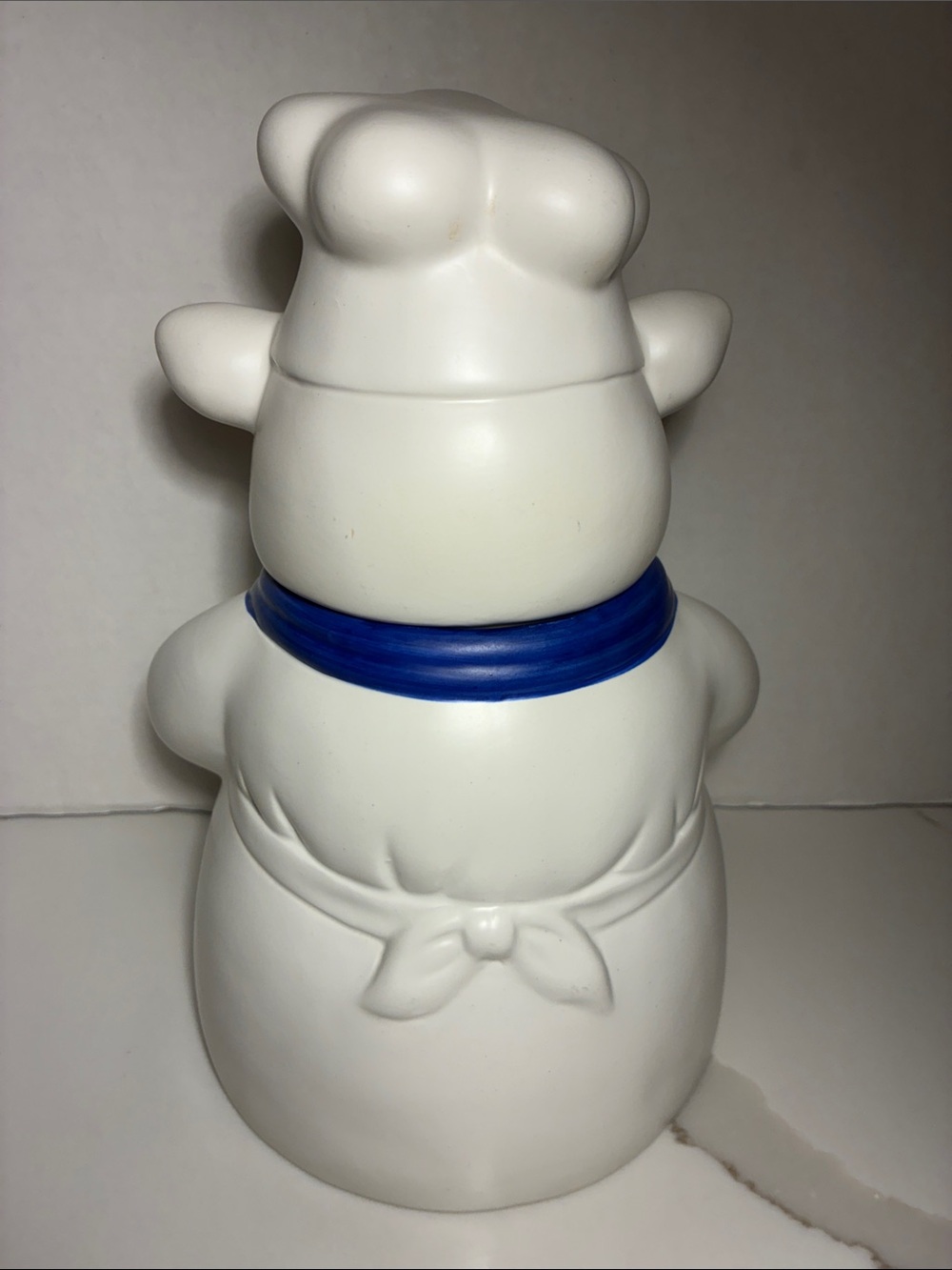 Ckao White Ceramic Chef Pig Cookie Jar with Blue Scarf and Pink Accents - Picture 4 of 8